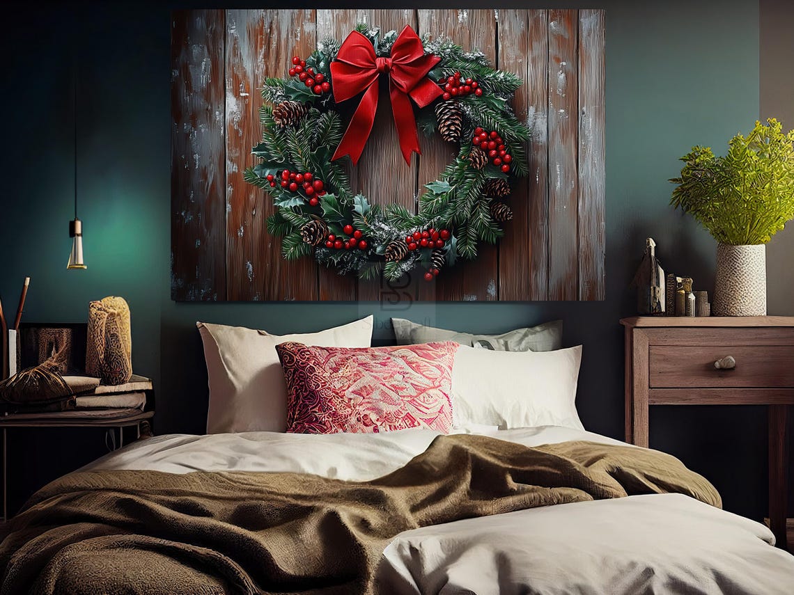 Christmas Wreath With Big Red Bow On Rustic Wooden Door Winter Poster - Image 5