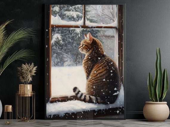 Vintage Winter Cat Art Print, Christmas Decor