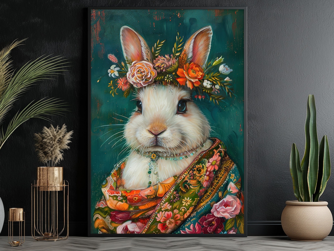 White Rabbit Flower Crown Floral Shawl Maximalist Animal Poster