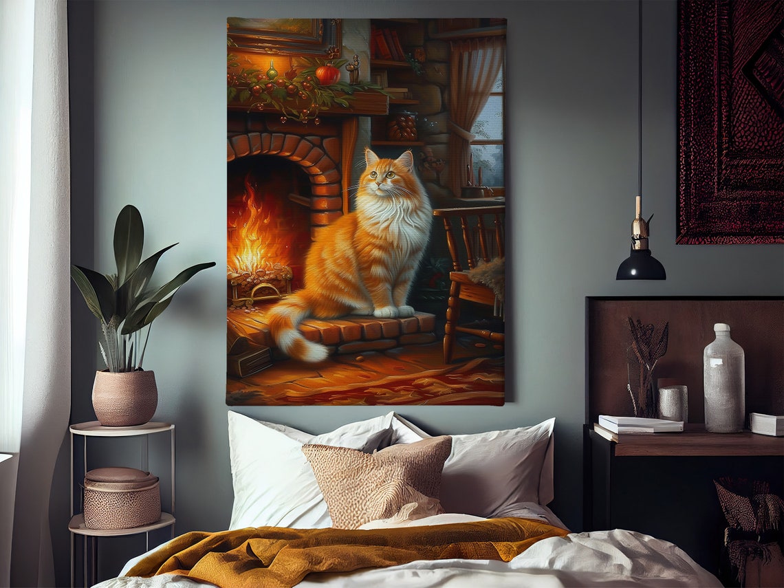 Fluffy Orange Cat By Cozy Fireplace Hearth Cottage Winter Art Poster - Image 3