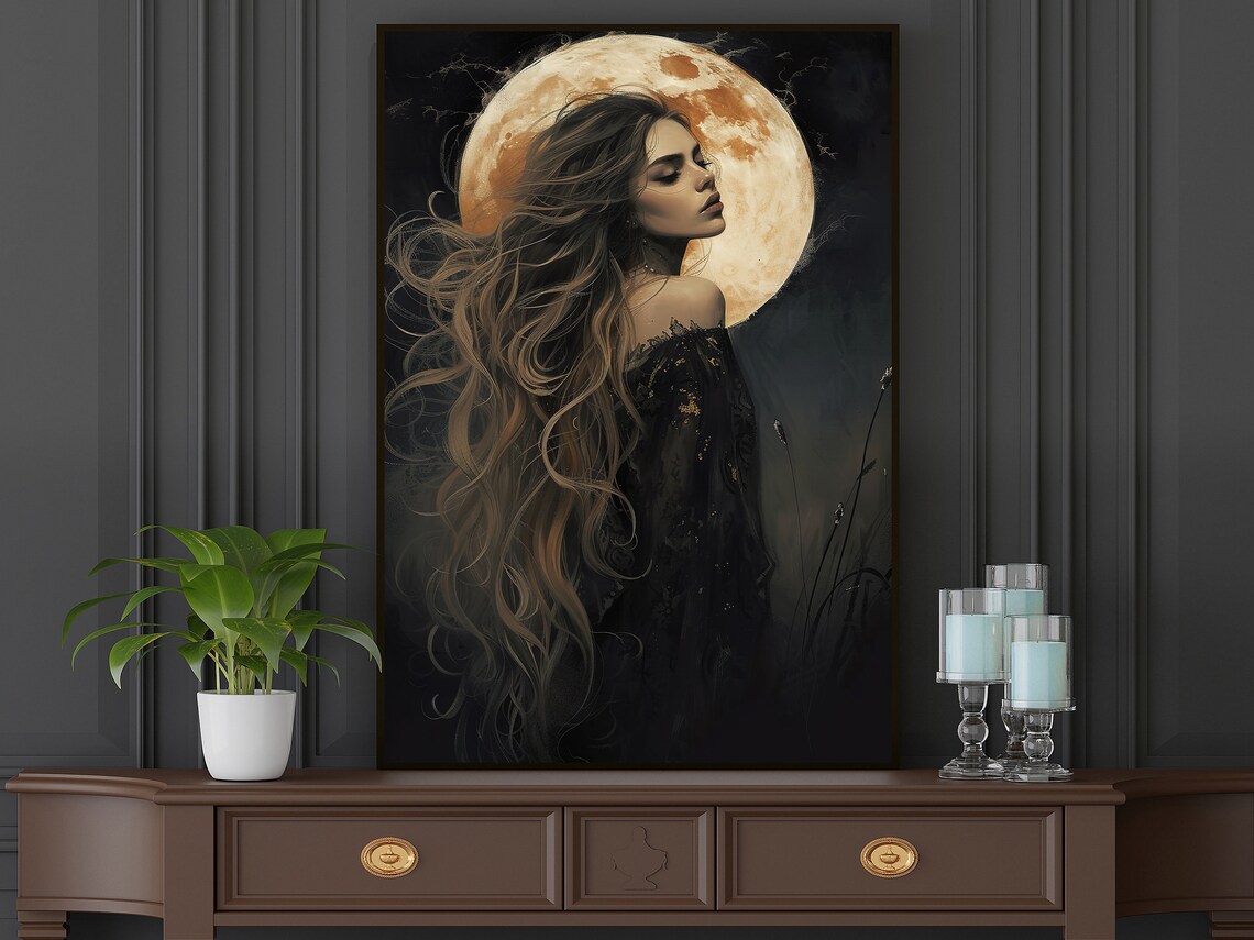 Dark Beauty Before Giant Full Moon Night Fantasy Woman Art Poster - Image 5