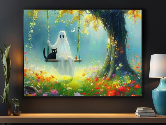Sweet Ghost on Tree Swing with Black Cat in Sunny Flower Meadow Poster