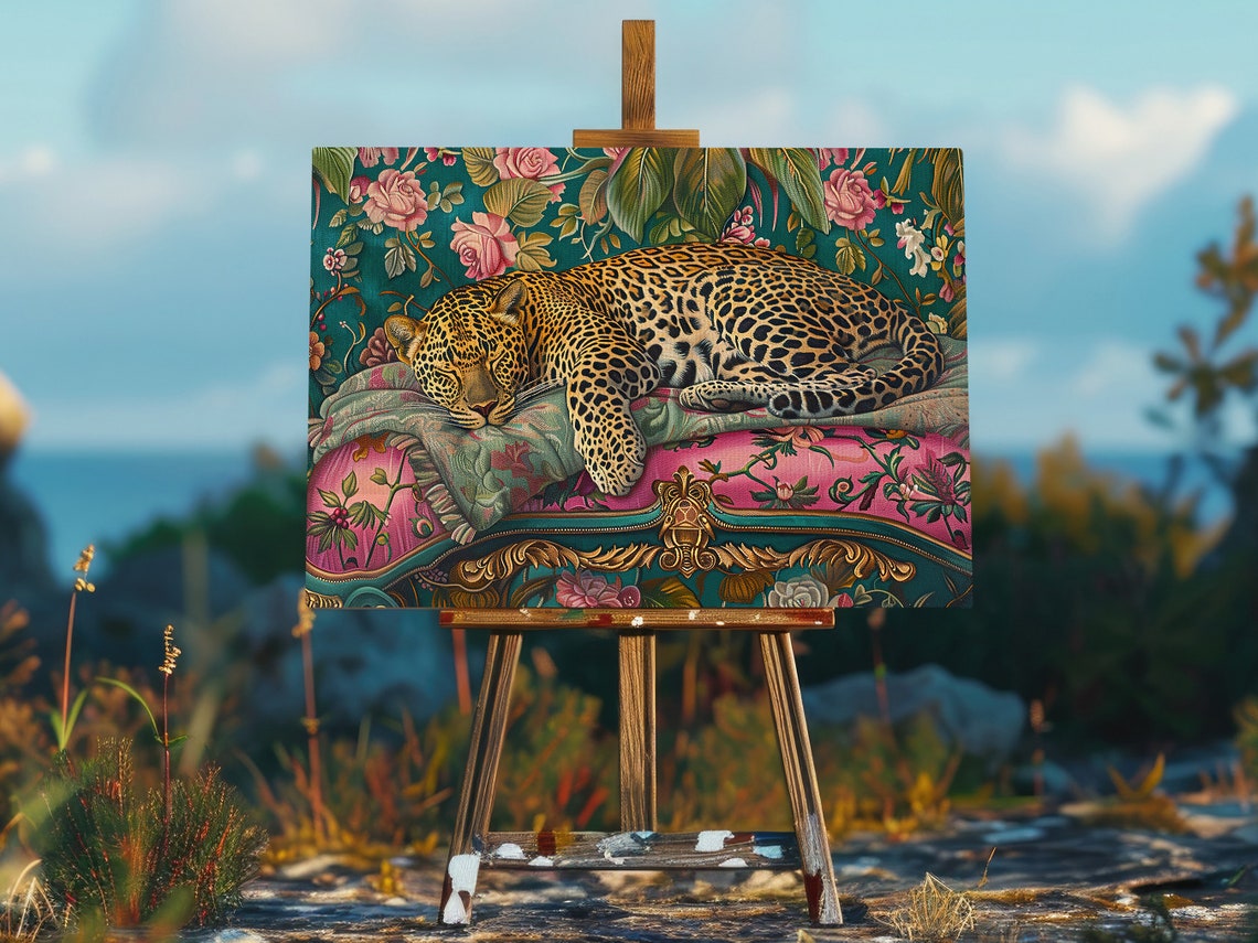 Sleeping Leopard On Floral Sofa Maximalist Botanical Wall Art Print - Image 2