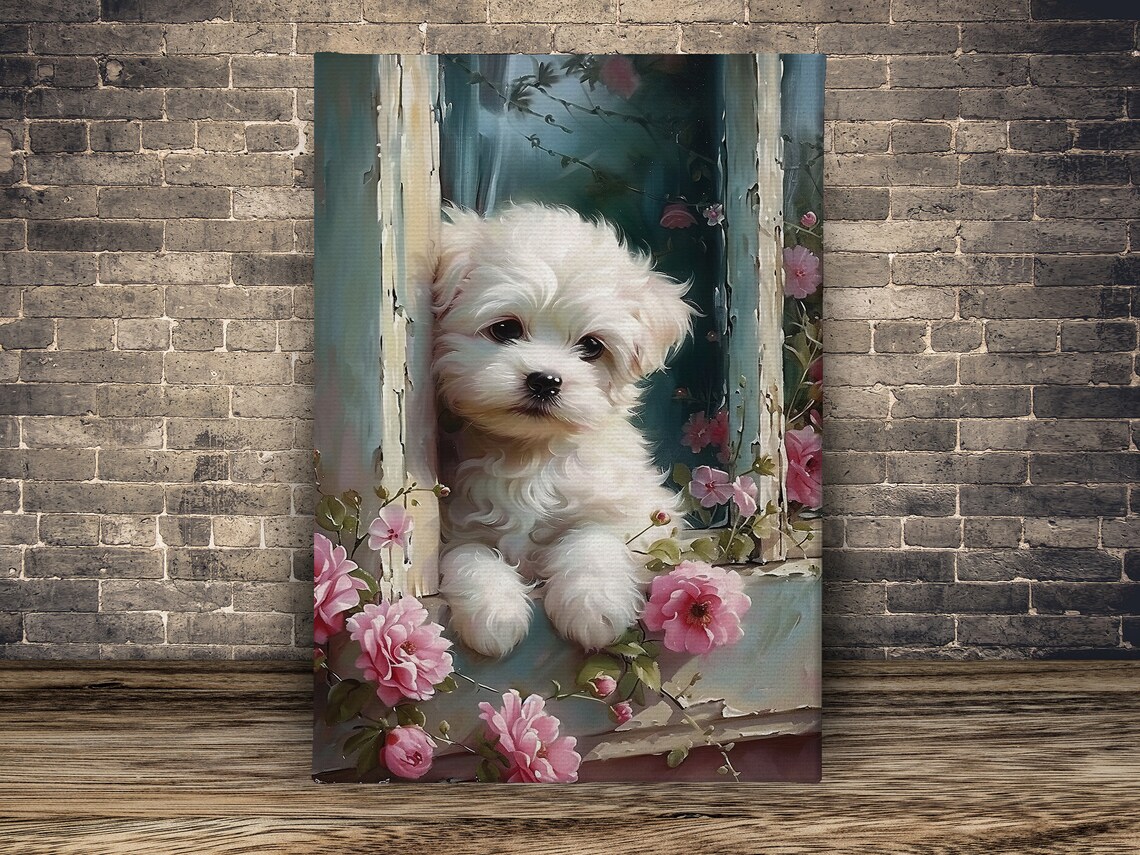 Cute Dog On The Window Oil Painting, Floral Print - Image 3