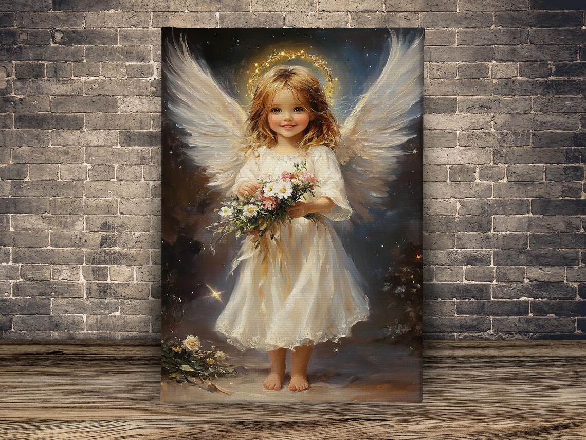 Little Angel Girl With Golden Halo Holding Flower Bouquet Night Poster - Image 2