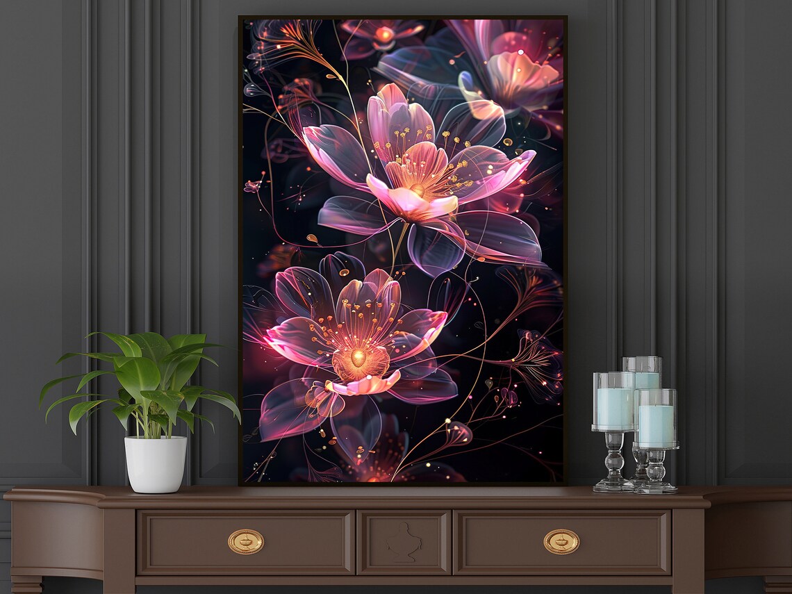 Glowing Neon Pink Purple Flowers On Black Botanical Modern Art Poster - Image 5