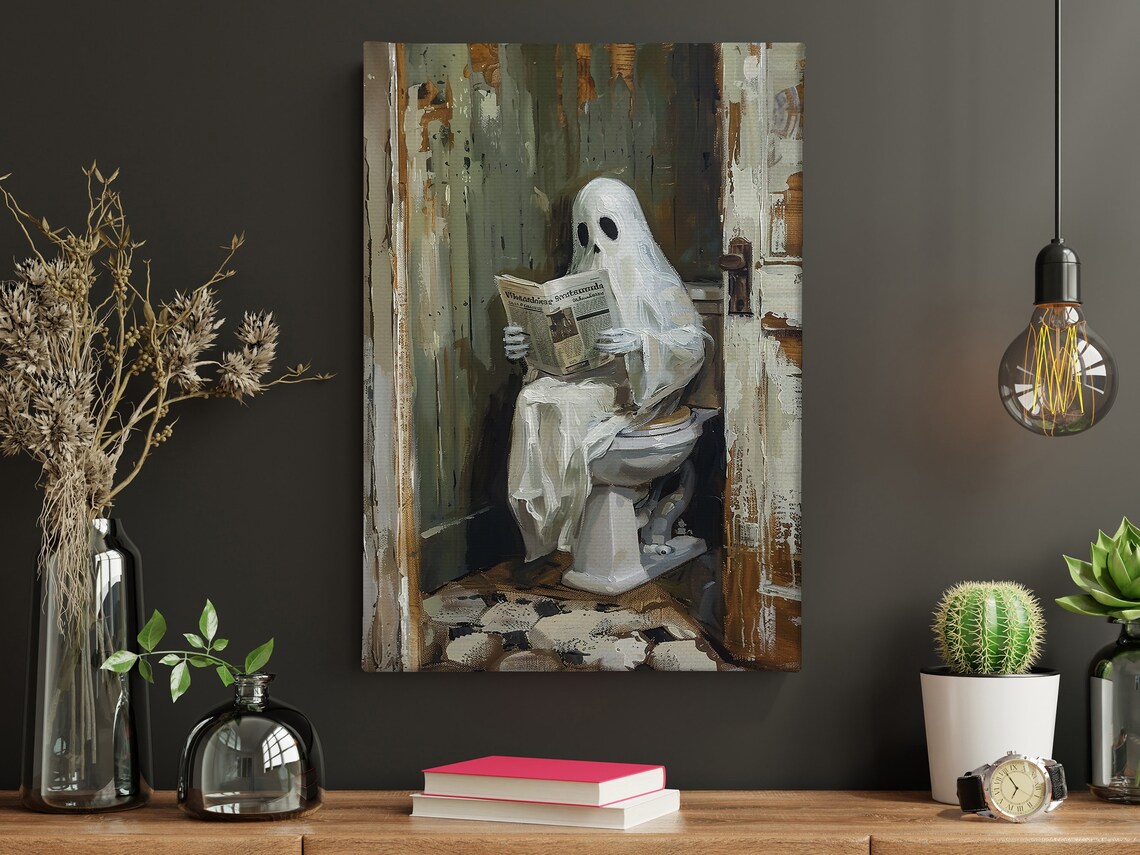 Funny Ghost Reading Newspaper On Toilet Vintage Halloween Bathroom Poster - Image 4