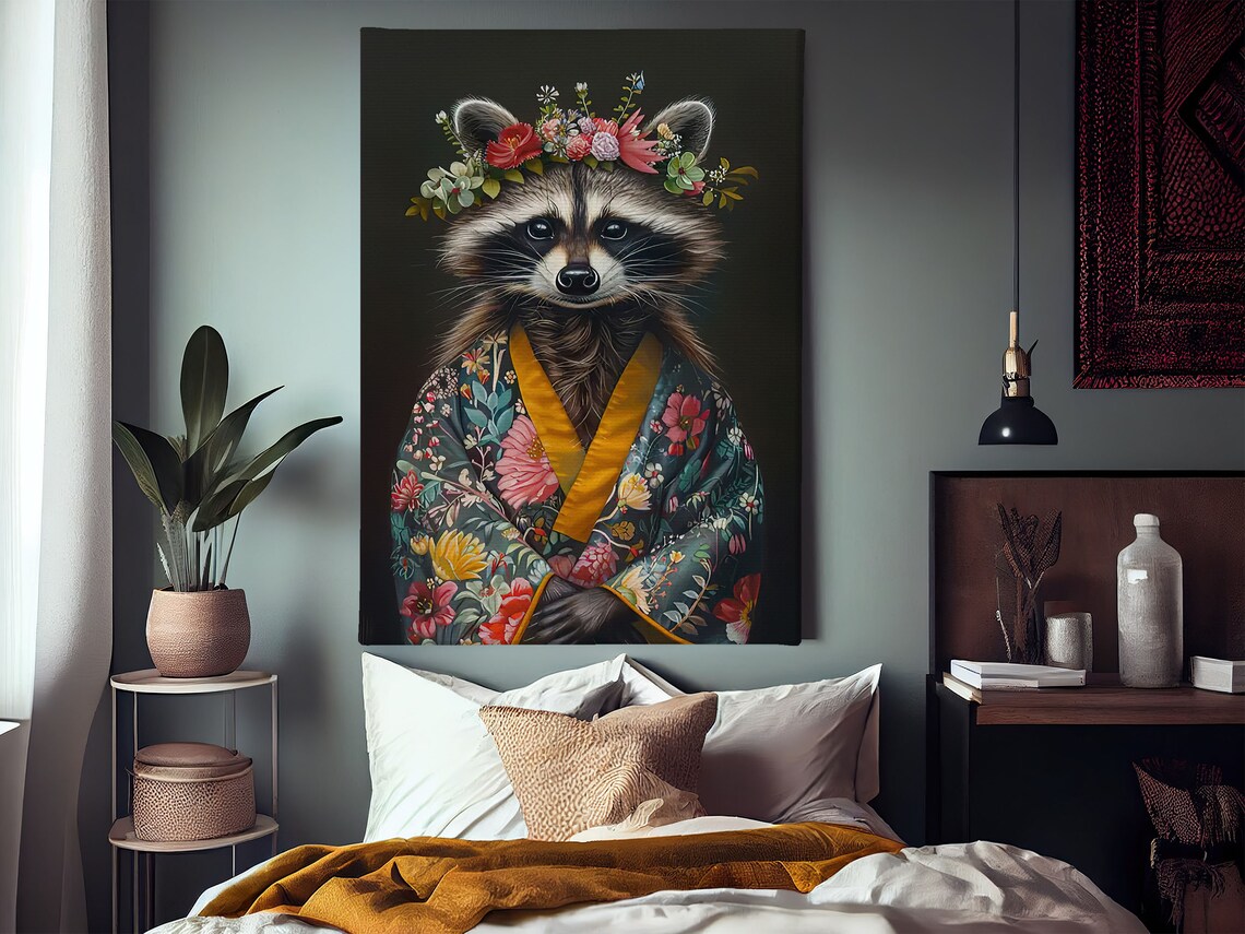 Raccoon In Floral Kimono With Flower Crown Whimsical Animal Portrait Poster - Image 2