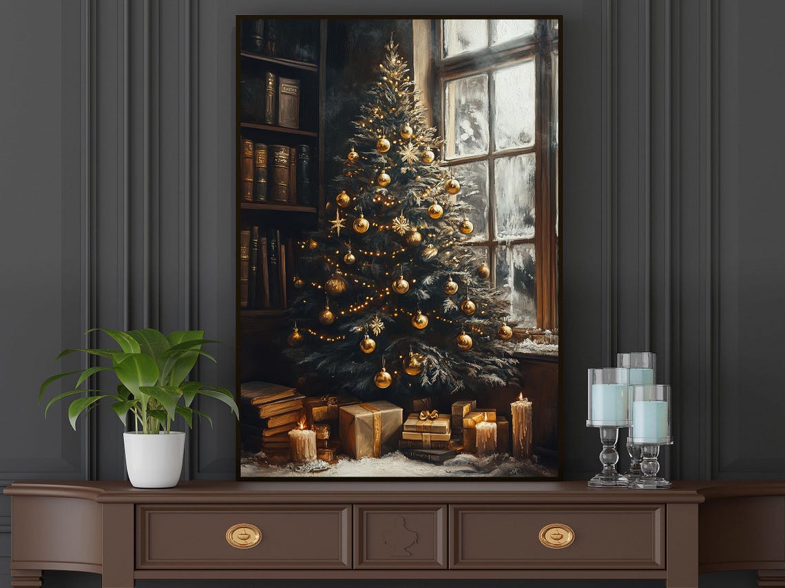 Cozy Christmas Tree With Gold Ornaments By Window With Books Poster - Image 5