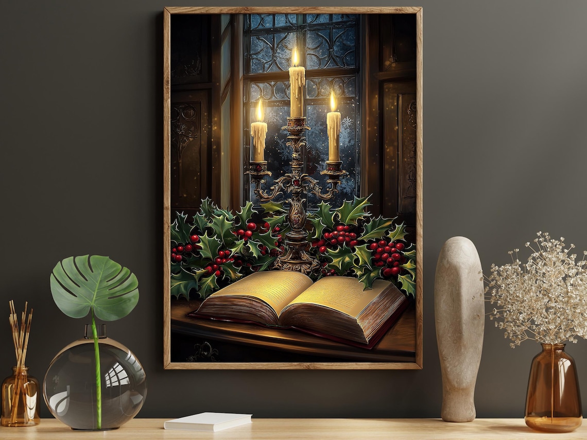 Vintage Xmas Candle Painting, Cozy Christmas Poster