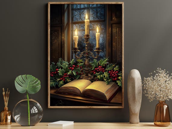 Vintage Xmas Candle Painting, Cozy Christmas Poster