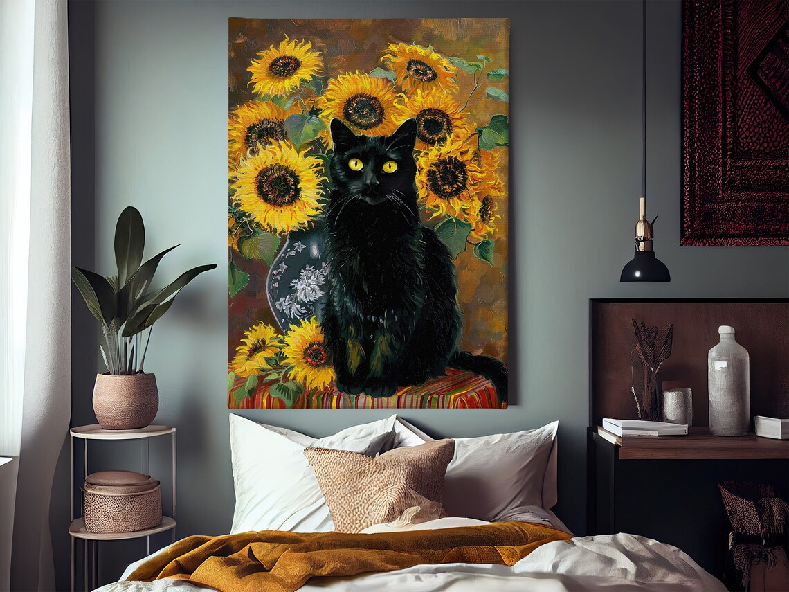 Black Cat Among Golden Sunflowers Vintage Style Animal Poster - Image 2