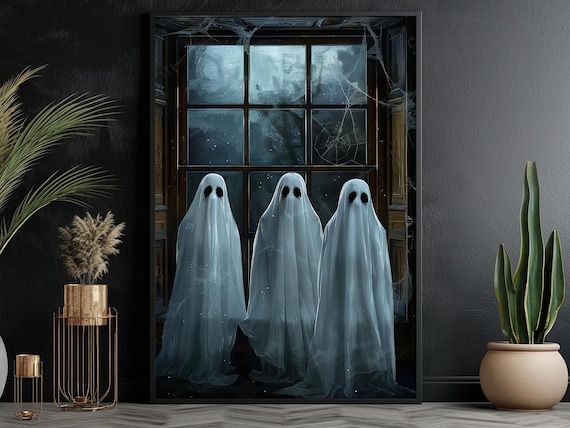 Three Ghosts by Moonlit Window with Spiderwebs Haunted Night Art Poster