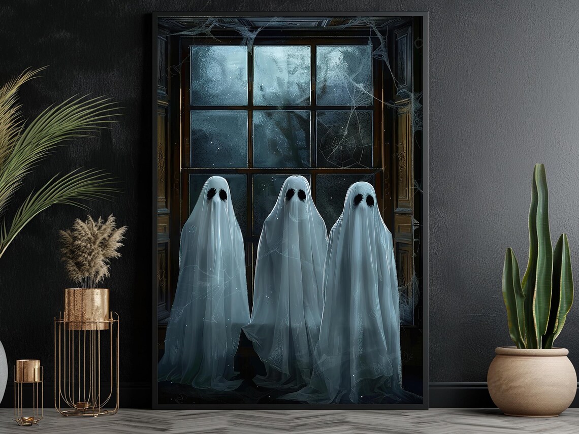 Three Ghosts by Moonlit Window with Spiderwebs Haunted Night Art Poster