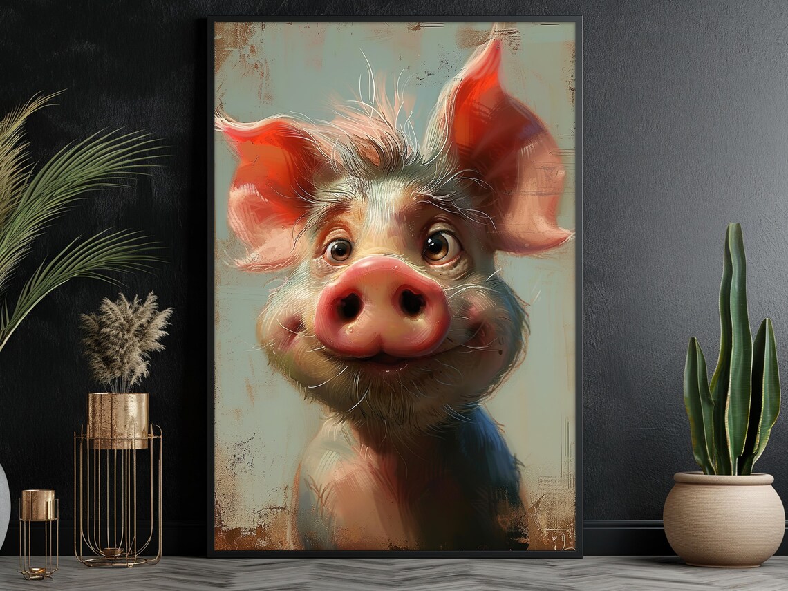 Funny Pig Oil Painting Art Print, Farmhouse Wall Art - Image 2
