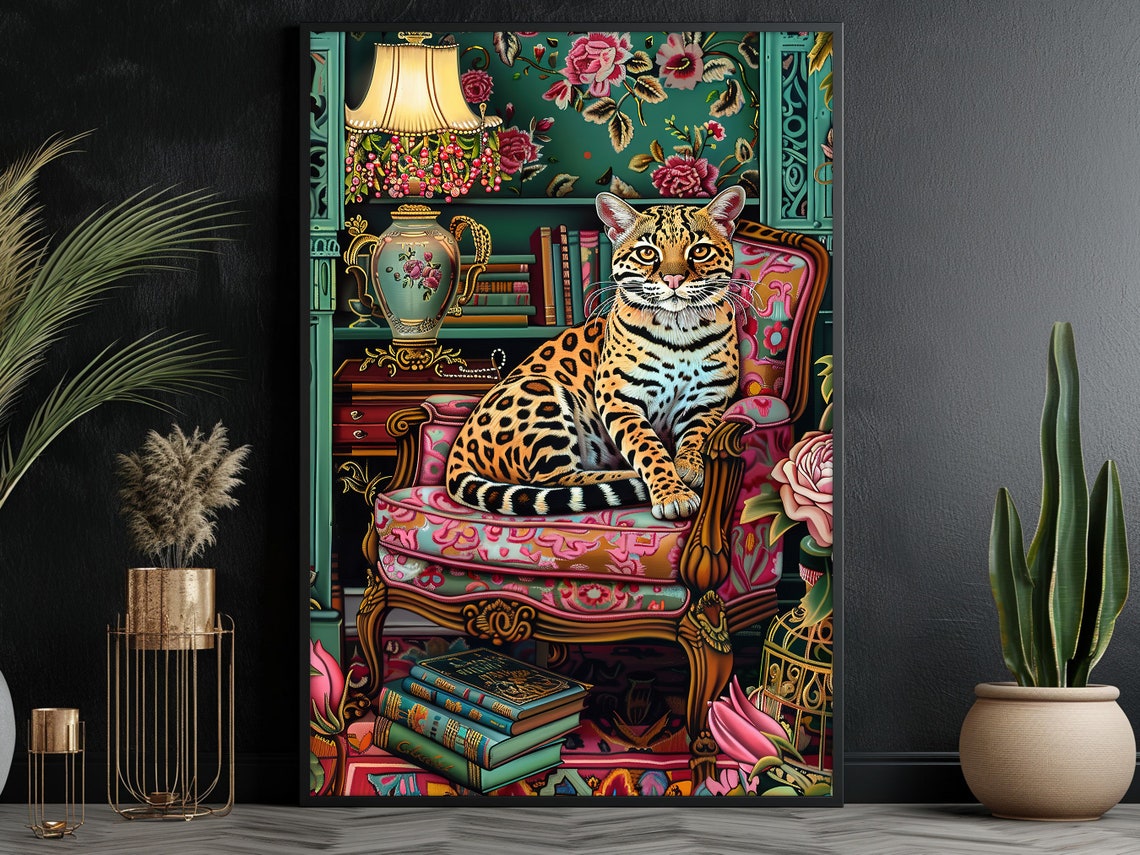 Spotted Wild Cat On Ornate Armchair Maximalist Library Art Print