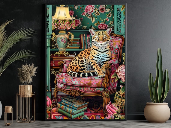 Spotted Wild Cat On Ornate Armchair Maximalist Library Art Print
