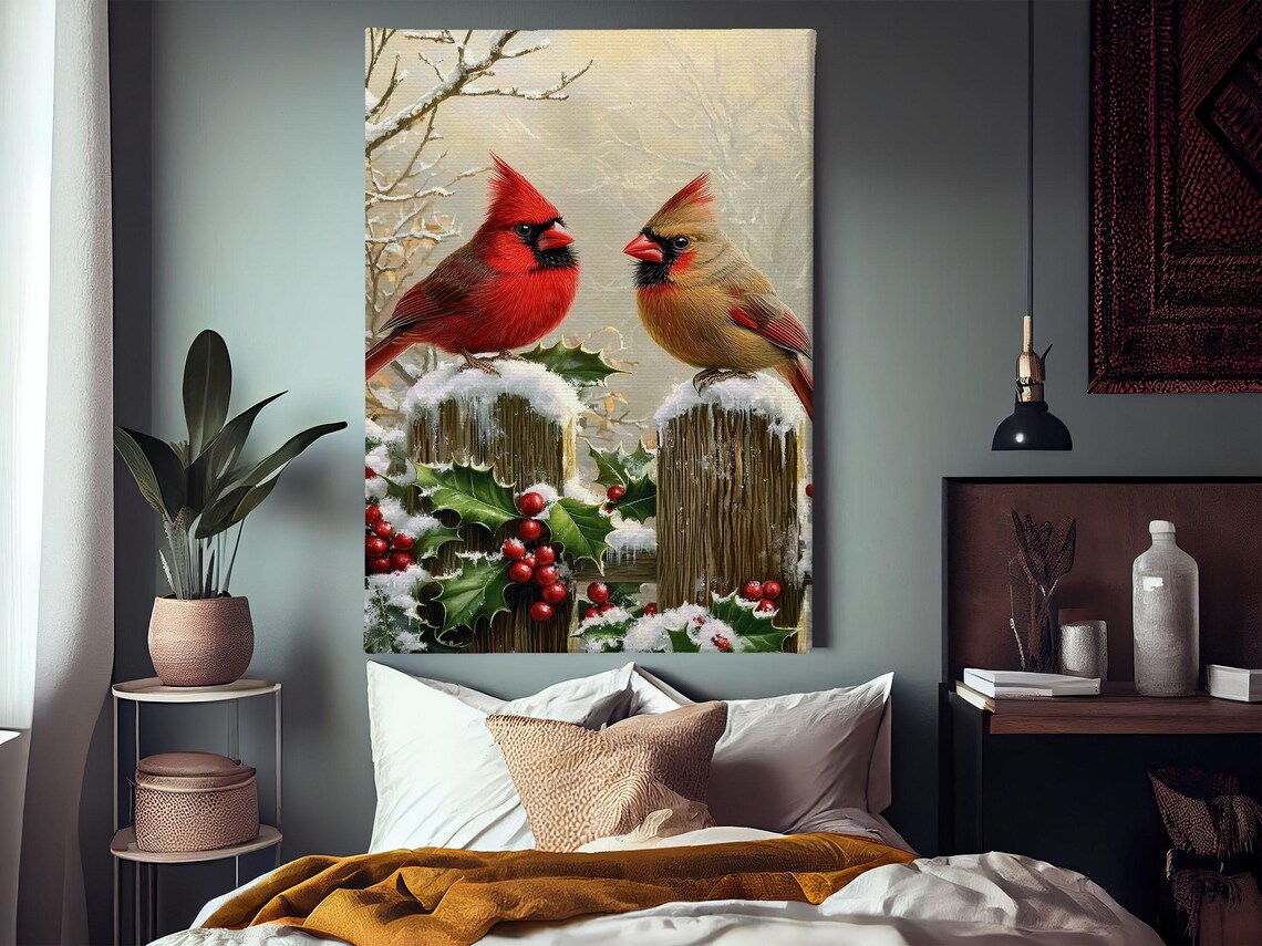 Male Female Cardinals On Snowy Fence With Holly And Red Berries Poster - Image 3