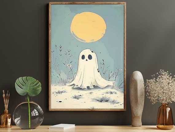 Cute Ghost Under Big Moon Minimalist Pastel Halloween Nursery Art Poster