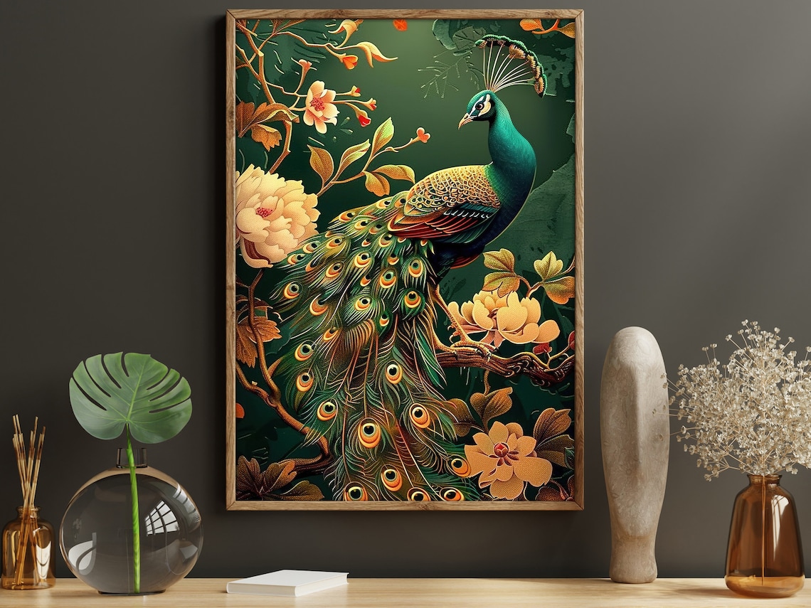 Vintage Peacock Art Print, Cottage Animal Poster