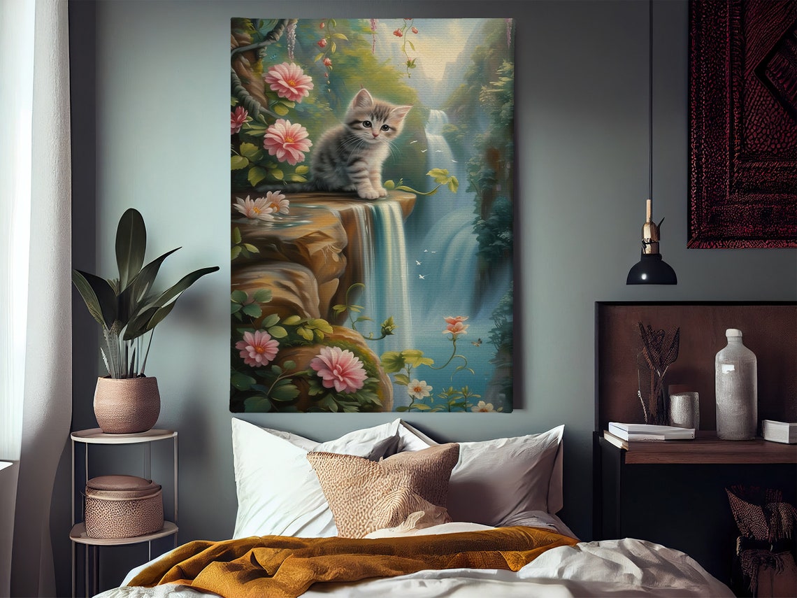 Tiny Kitten At Waterfall Edge In Magical Forest Cat Fantasy Poster - Image 3