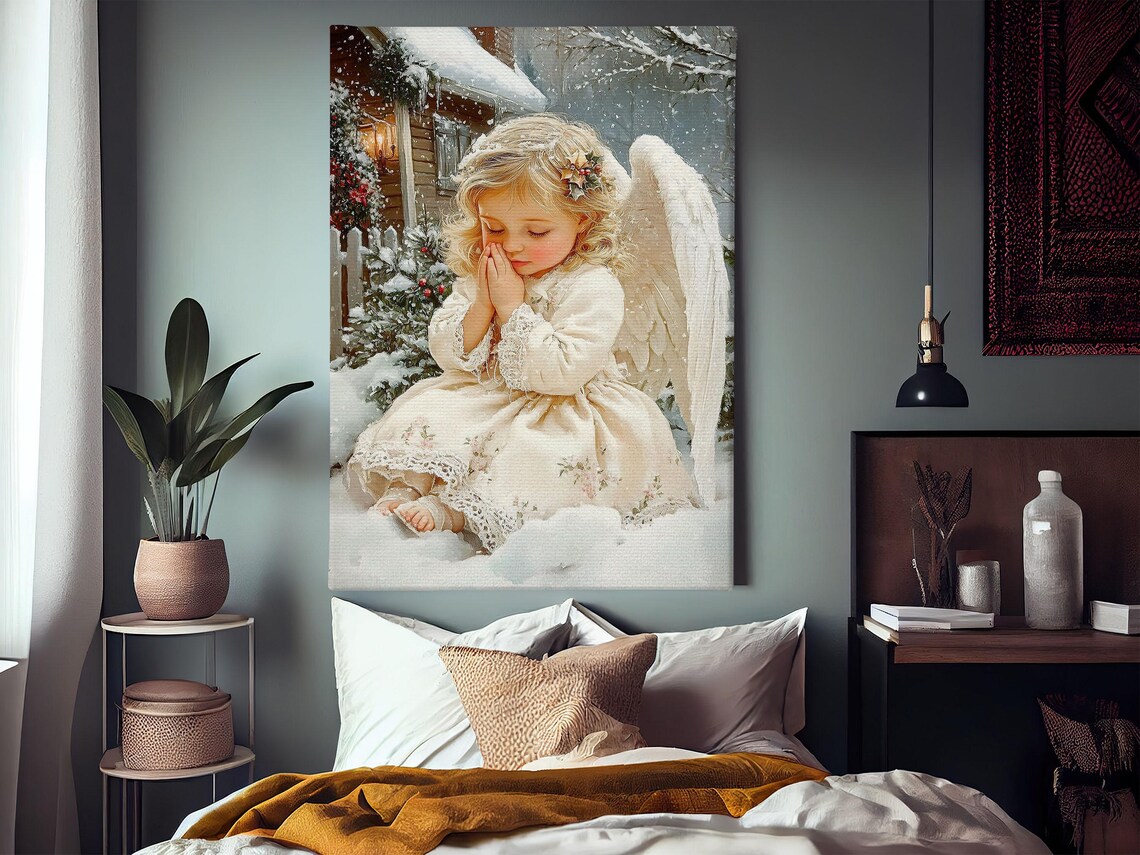 Little Angel Girl Praying In Snow Outside Cottage With Holly Vintage Print - Image 3