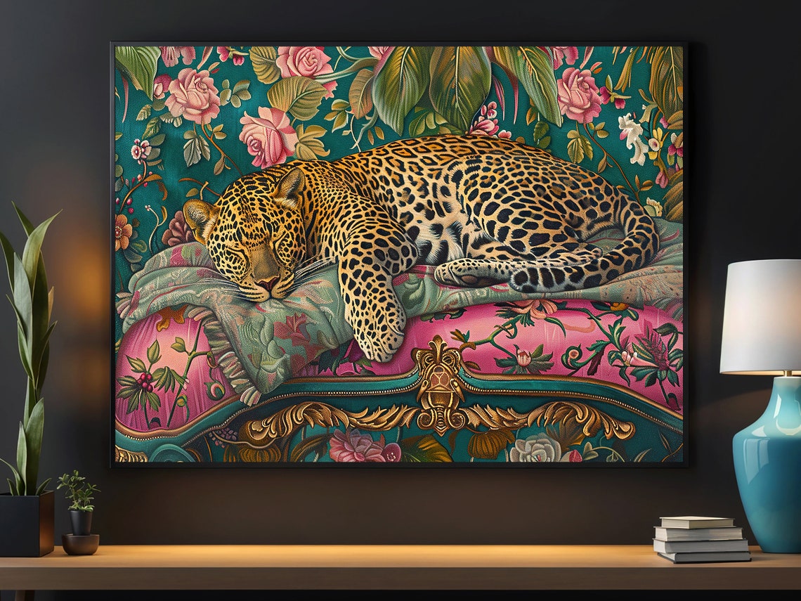 Sleeping Leopard On Floral Sofa Maximalist Botanical Wall Art Print