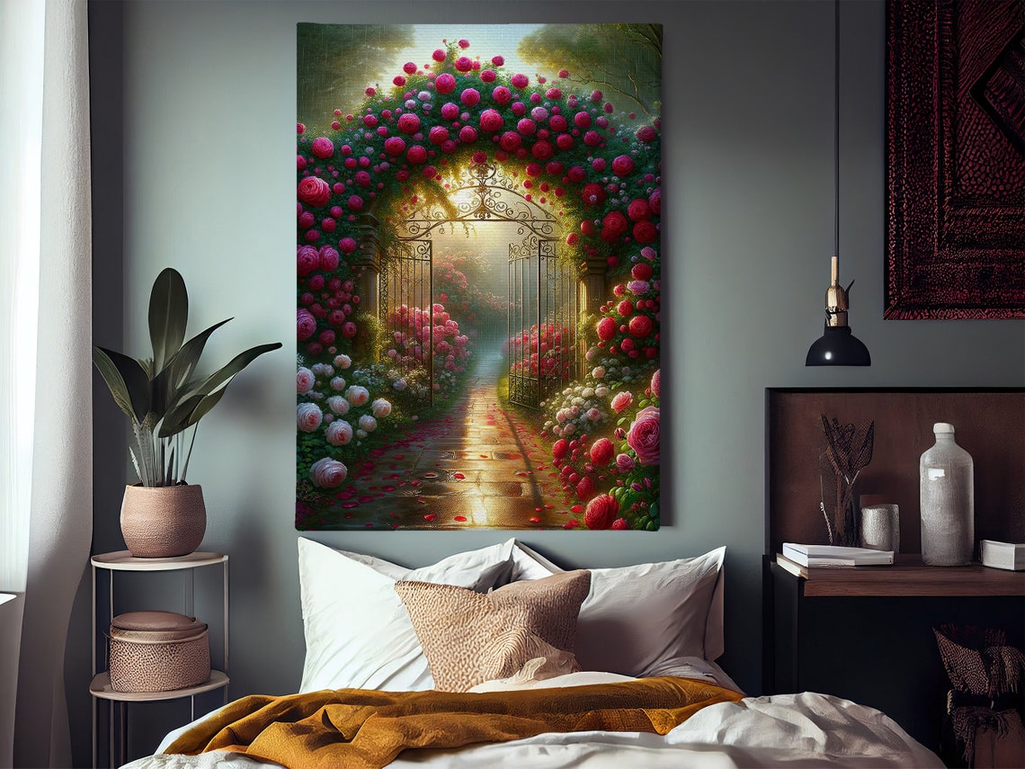 Rose Covered Garden Gate Arch Glowing Path Romantic Floral Art Poster - Image 2