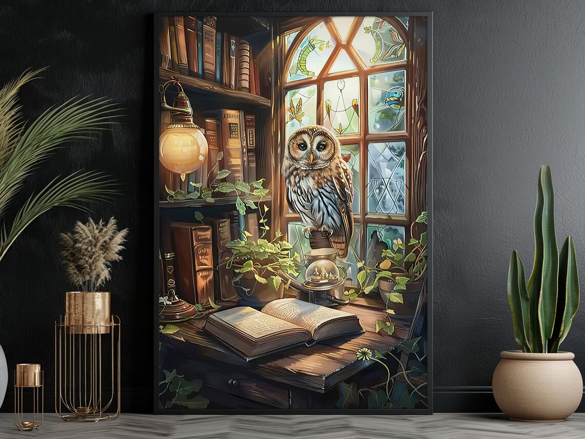 Vintage Owl and Books Poster Print, Cottage Bird