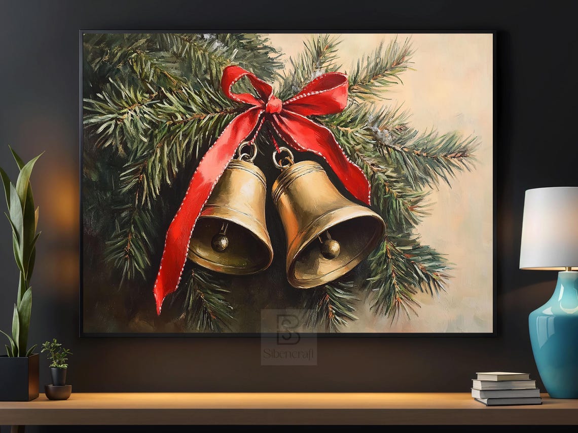 Brass Jingle Bells With Red Ribbon Bow Hanging In Snowy Pine Poster