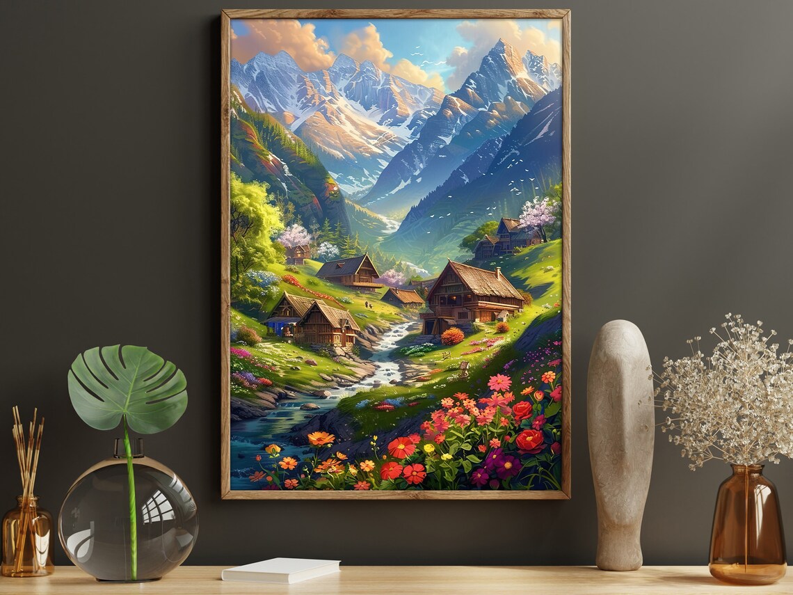 Vintage Peaceful Village Oil Painting Dreamy Land Art Print Landscape Print Flowers Wall Art Landscape Print