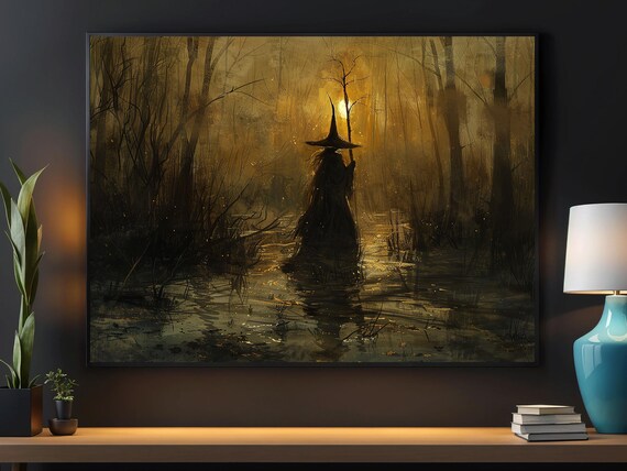 Dark Witch Wading Through Moonlit Creek in Haunted Forest Art Poster