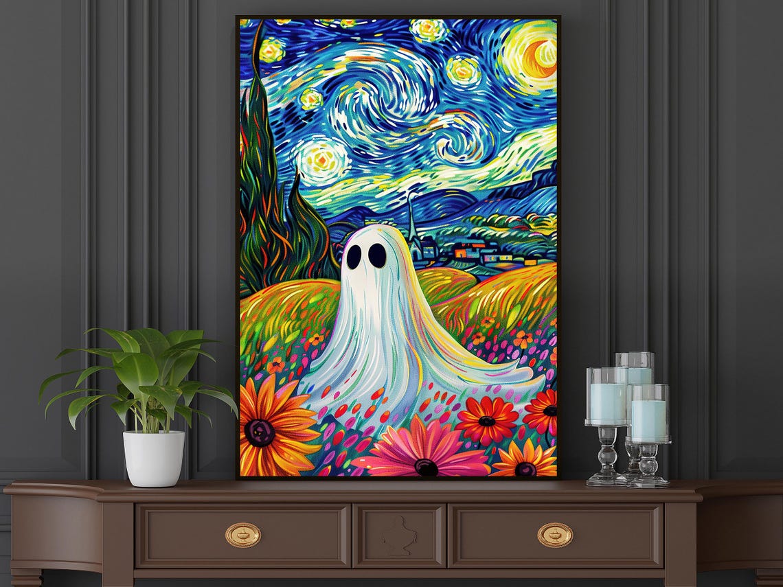 Starry Night Style Ghost in Colorful Flower Field Dreamy Art Poster - Image 6