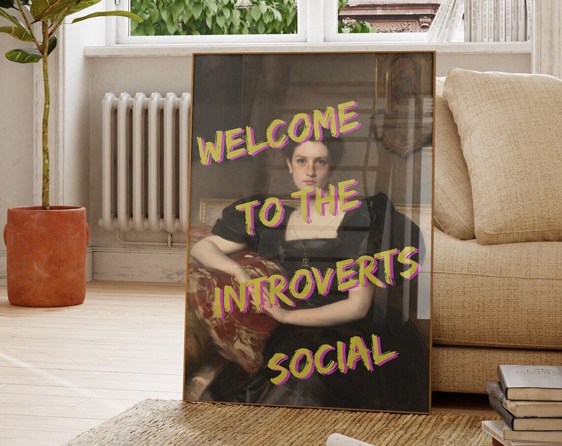 Altered Art Print Introverts Social Poster Cute Quote Oil Painting Funny Wall Art Baroque Vintage Introverted Girl