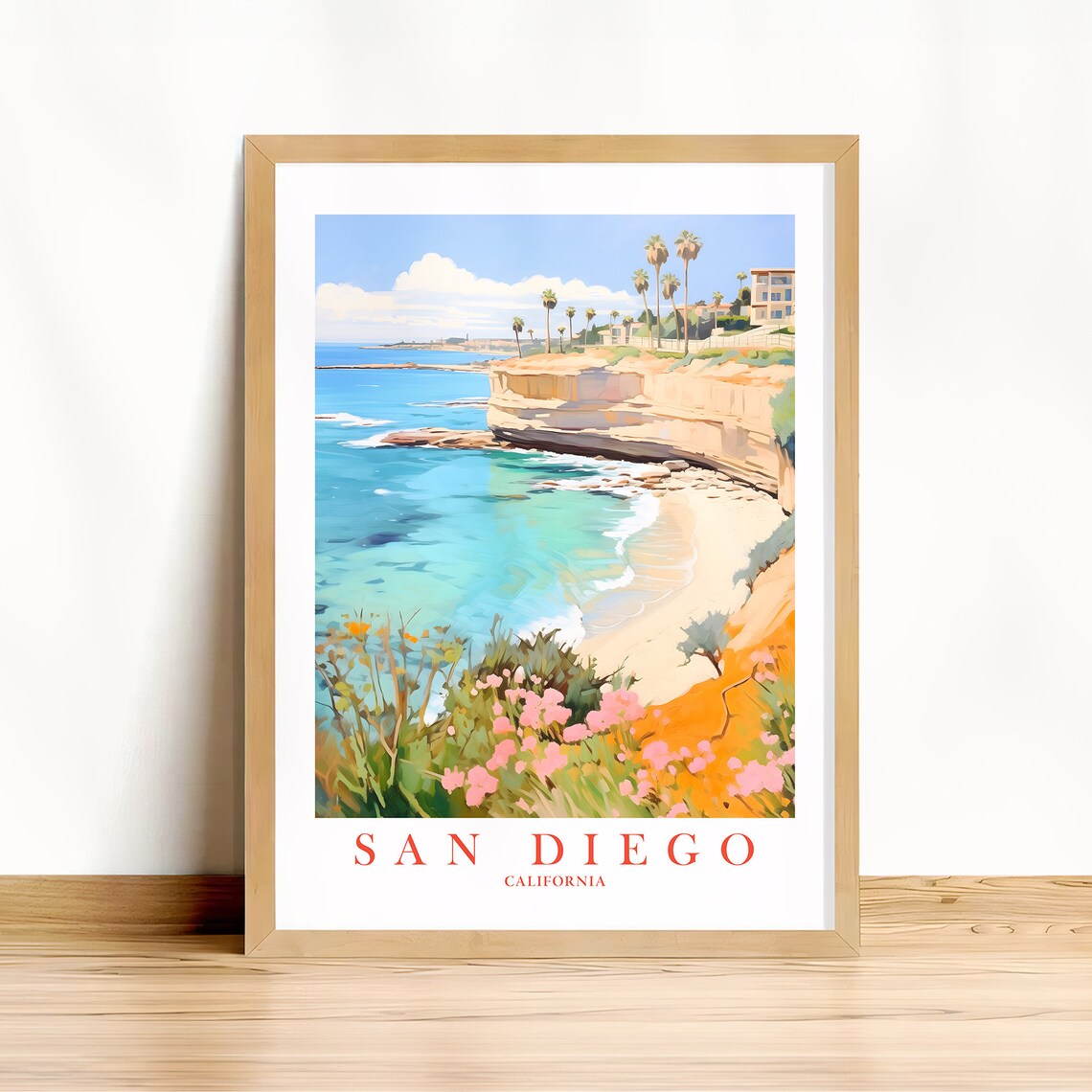 San Diego Travel Poster, La Jolla Retro Watercolor