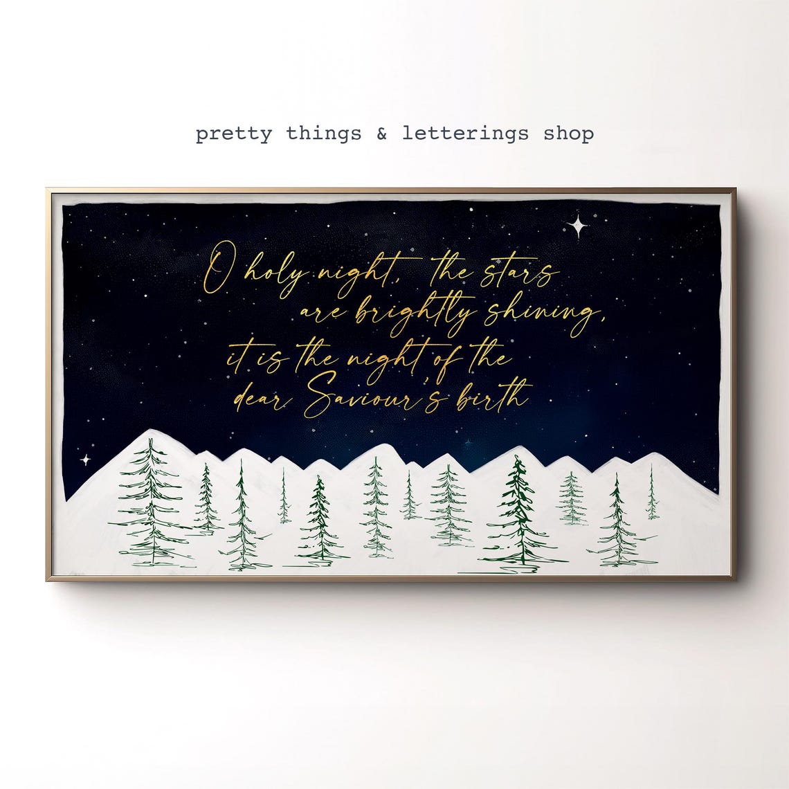 O Holy Night Christmas Poster Navy Starry Night Pine Trees Print - Image 2