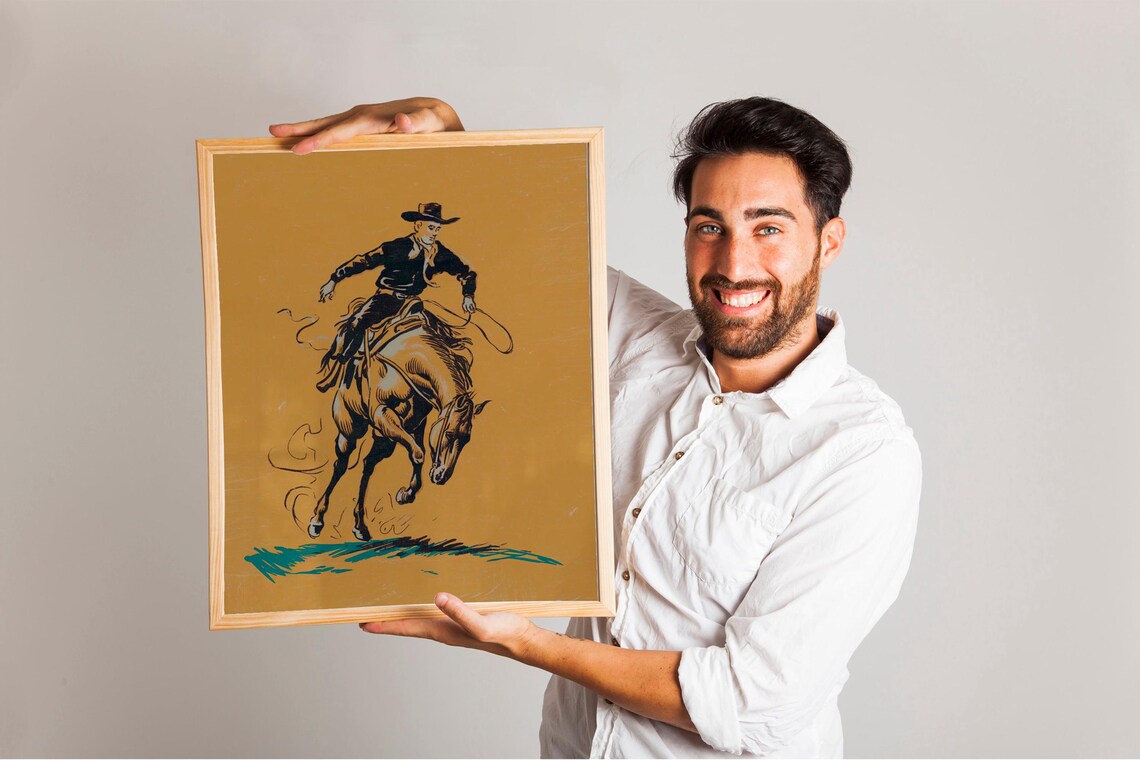 Cowboy Wall Art Bucking Bronco Poster, Boho