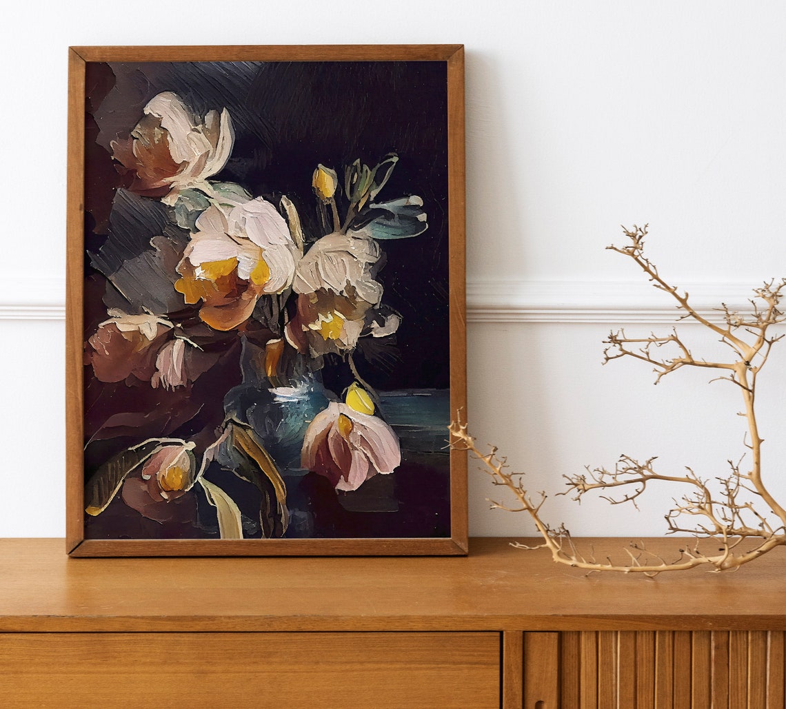Moody White Flowers in Vase Dark Impasto Oil Painting Wall Poster