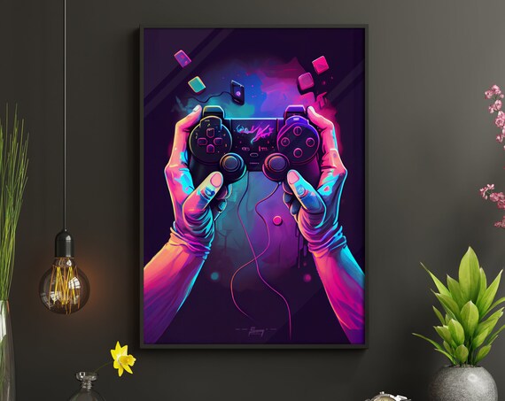 Hands Holding Game Controller Neon Pink Purple Retro Wave Art Poster