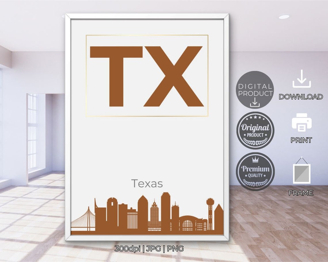 Texas TX Rust Typography Skyline Silhouette State Pride Poster