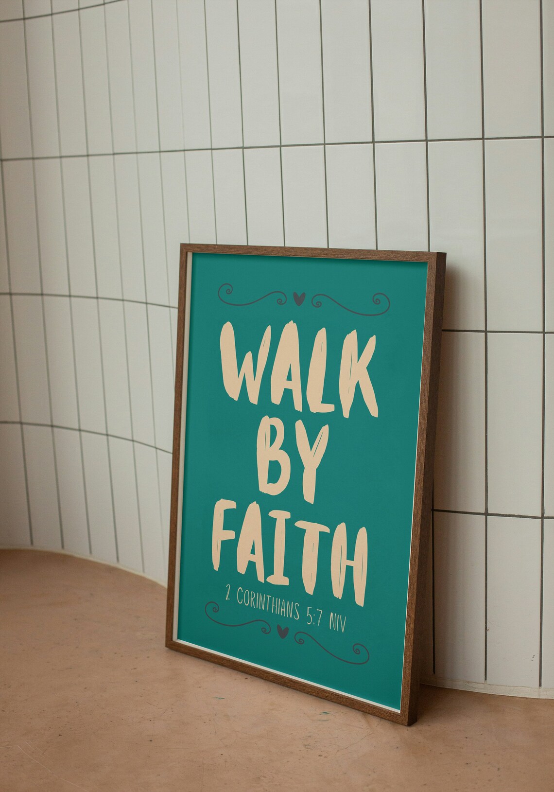 Walk by Faith Bible Verse Quote Teal Brush Typography Cream Faith Poster - Image 2