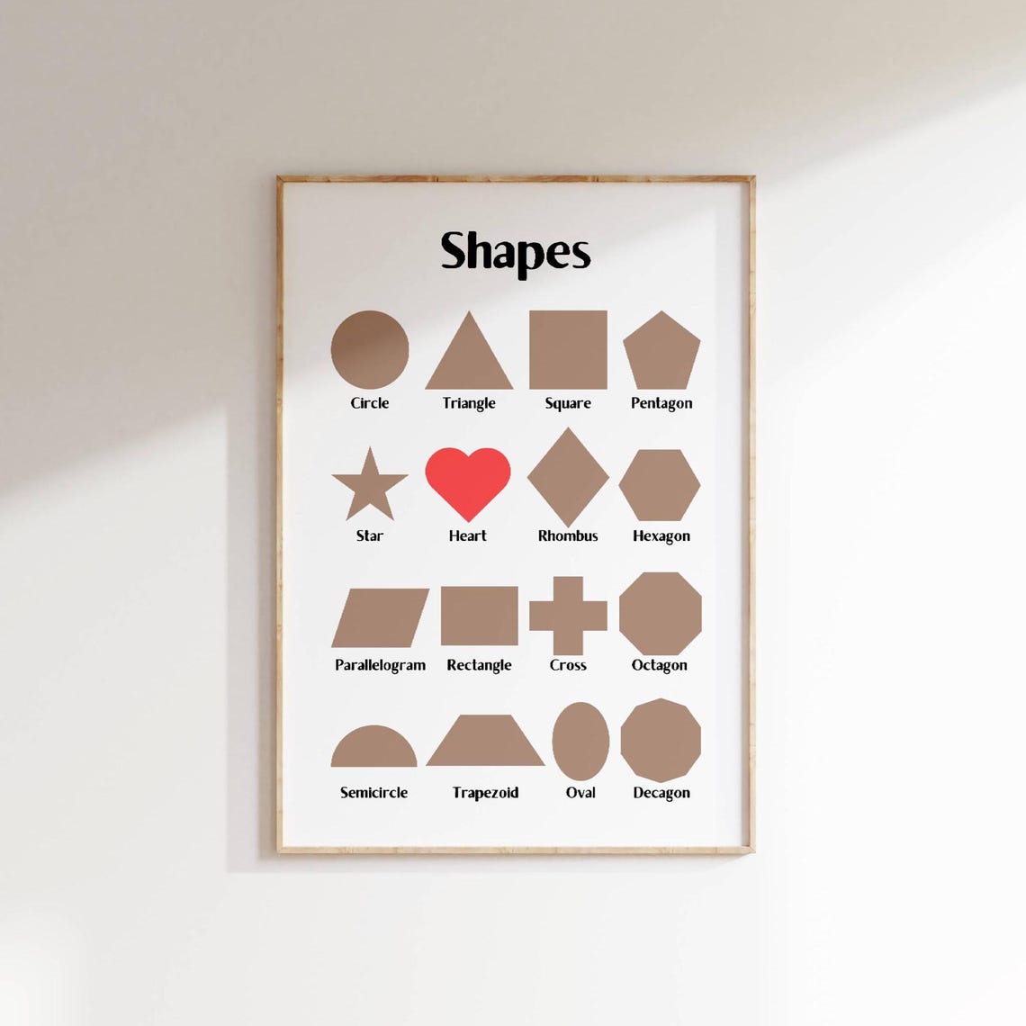 Shapes Chart 16 Geometric Figures Tan Red Heart Modern Kids Poster