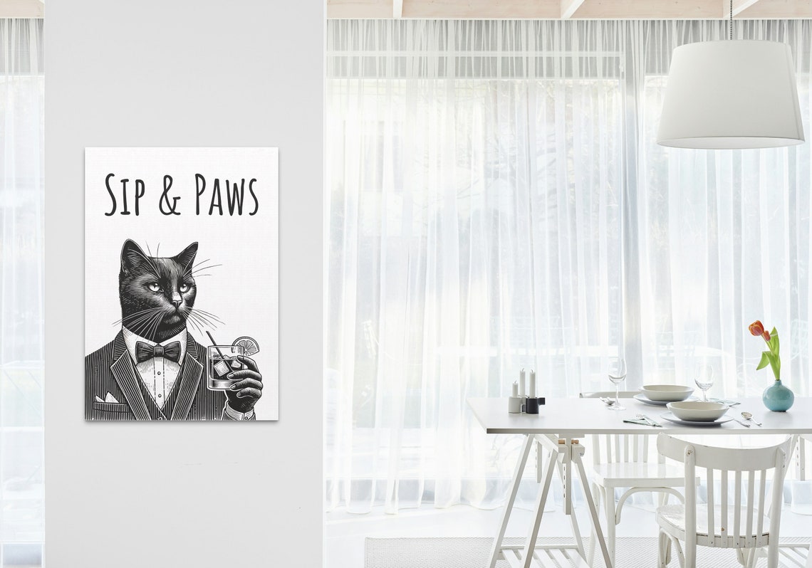 Sip and Paws Black Cat Tuxedo Cocktail Etching Style Funny Poster - Image 3