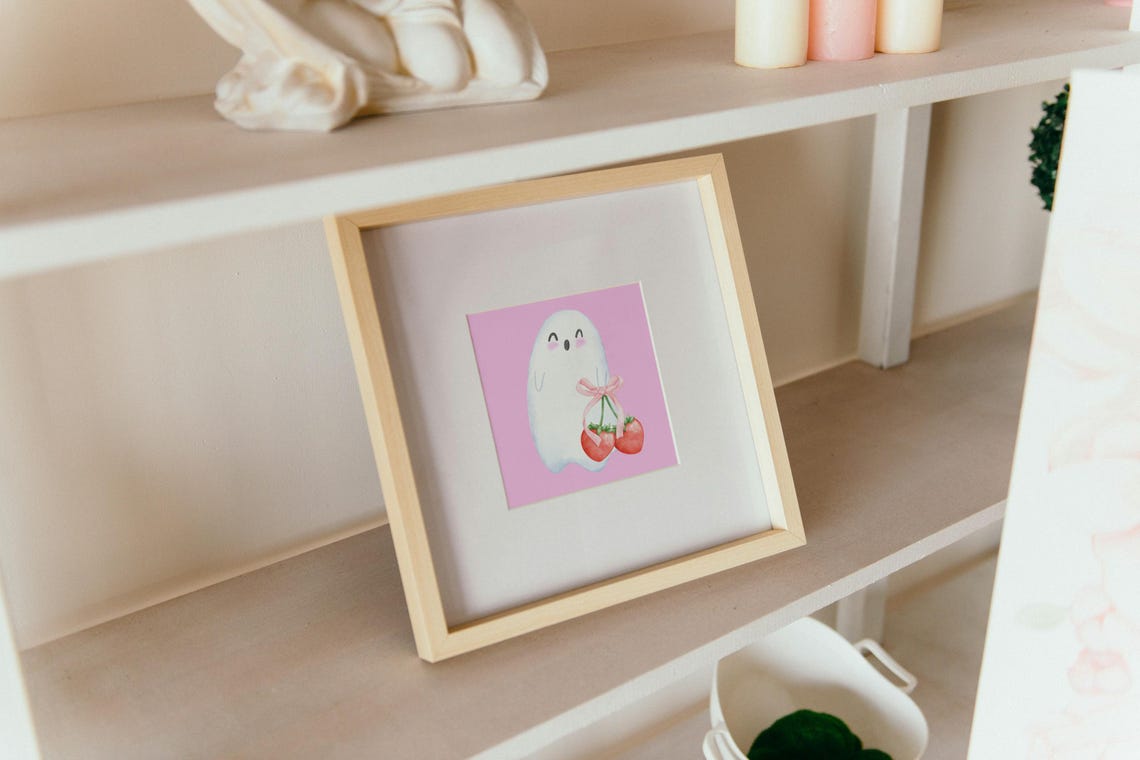 Adorable Ghost With Strawberries Pink Bow Cute Halloween Poster - Image 2