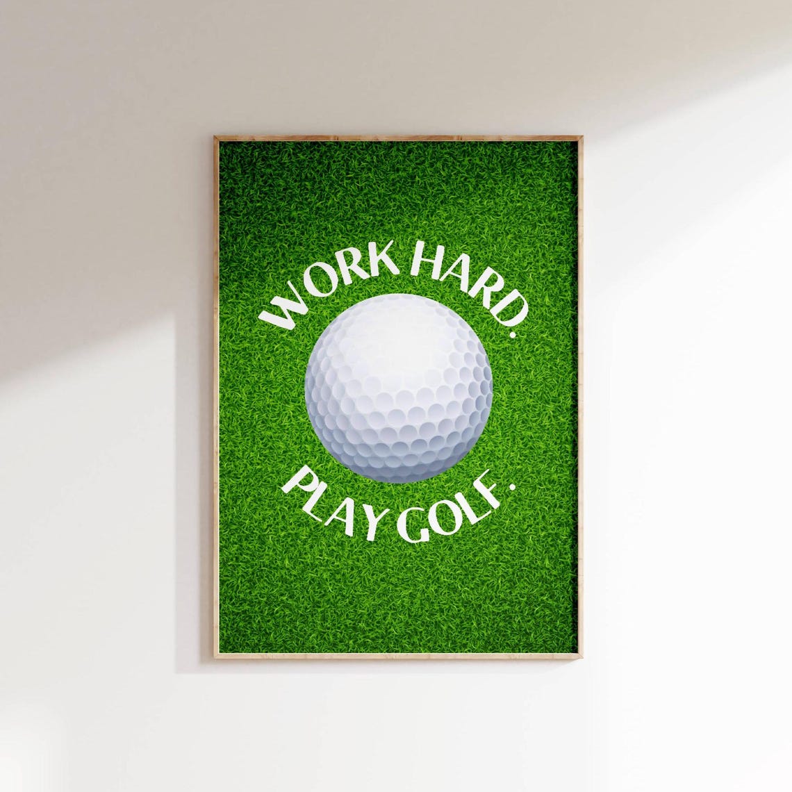 Work Hard Play Golf Quote Poster With Funny Golf Ball On Green Grass