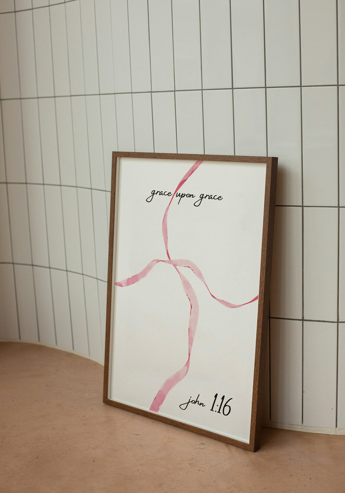 Grace Upon Grace John 1 16 Pink Ribbon Bible Verse Faith Wall Poster - Image 2