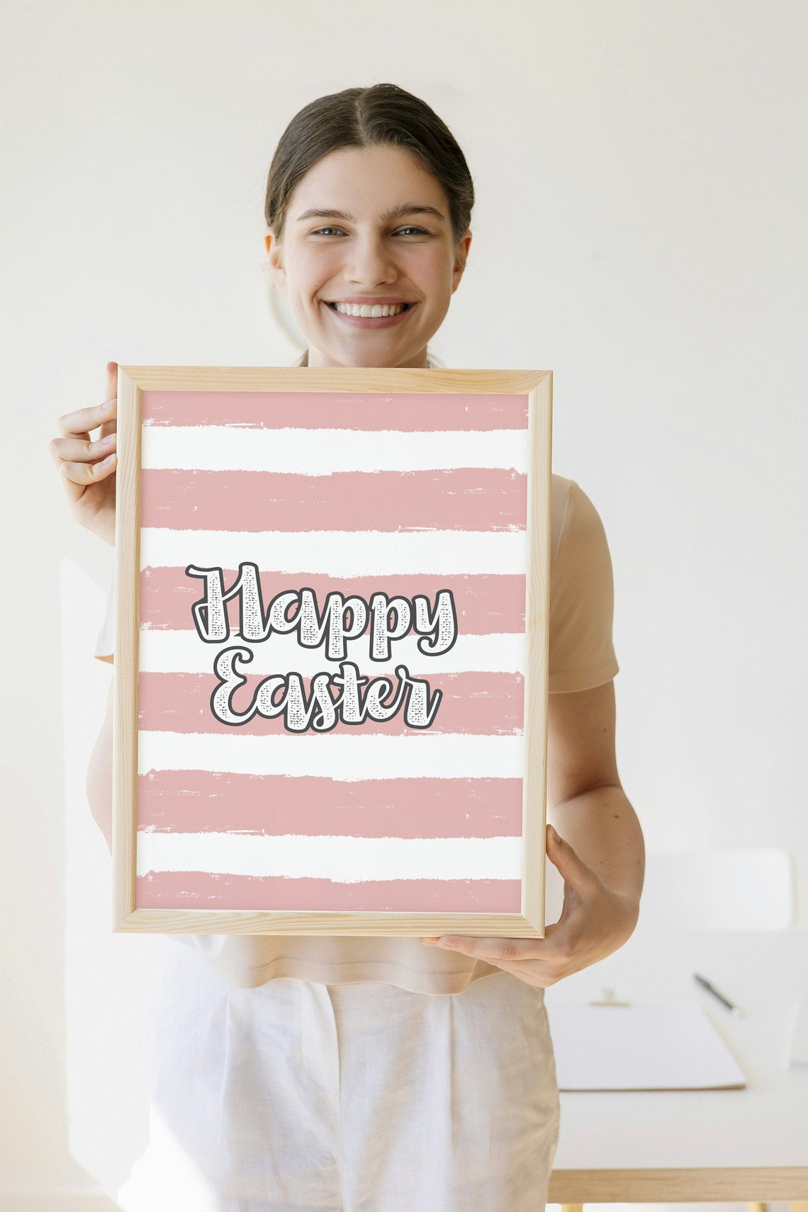Happy Easter Text Pink Brushstroke Stripes Spring Wall Poster - Image 2