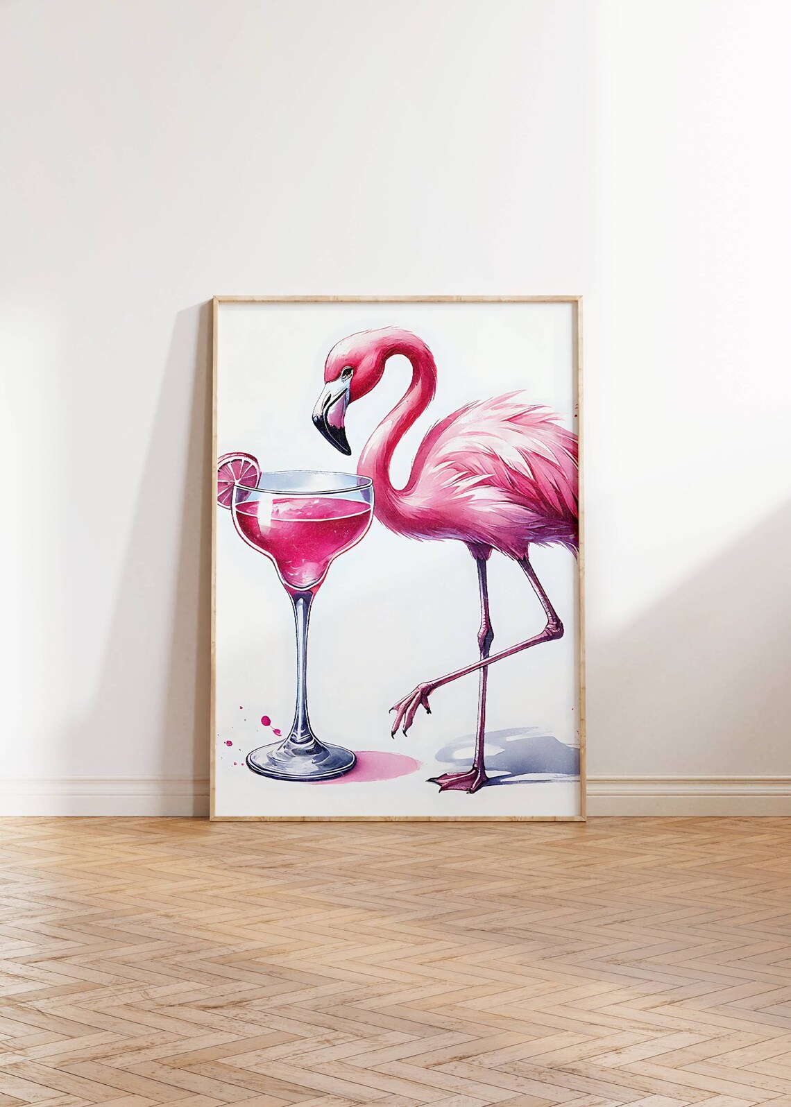 Pink Flamingo Cocktail Watercolor Fun Tropical Summer Poster - Image 3