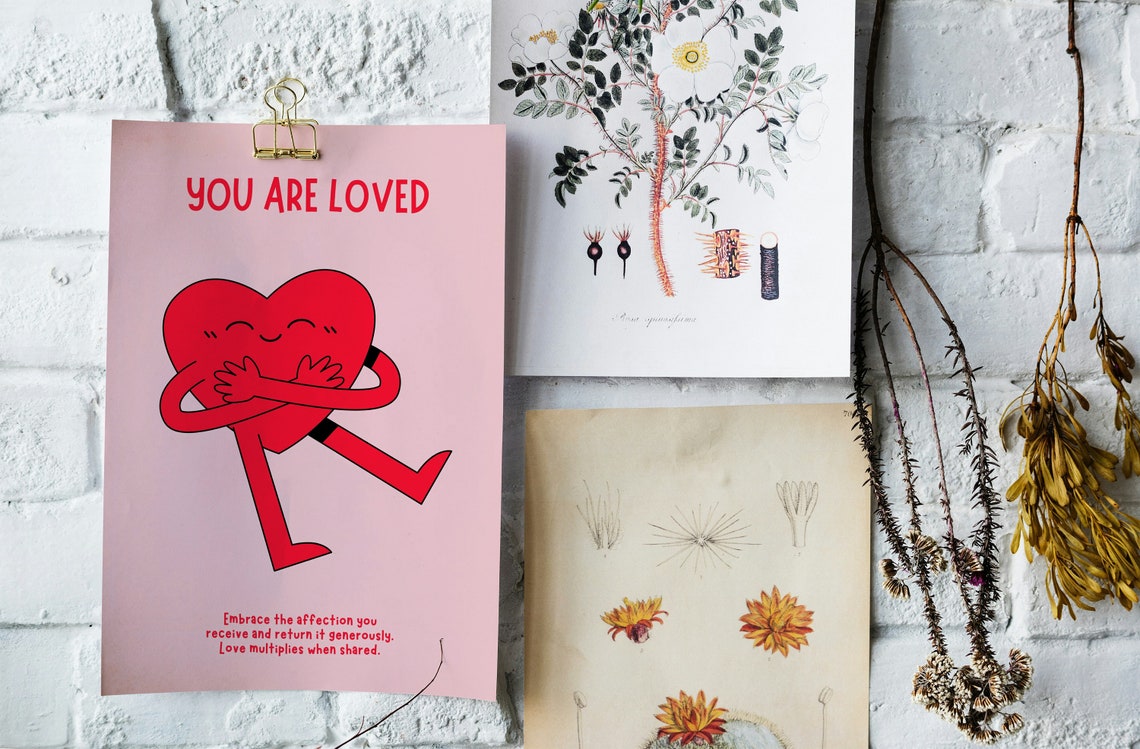 You Are Loved Cute Red Heart Self Hug Pink Affirmation Poster - Image 3