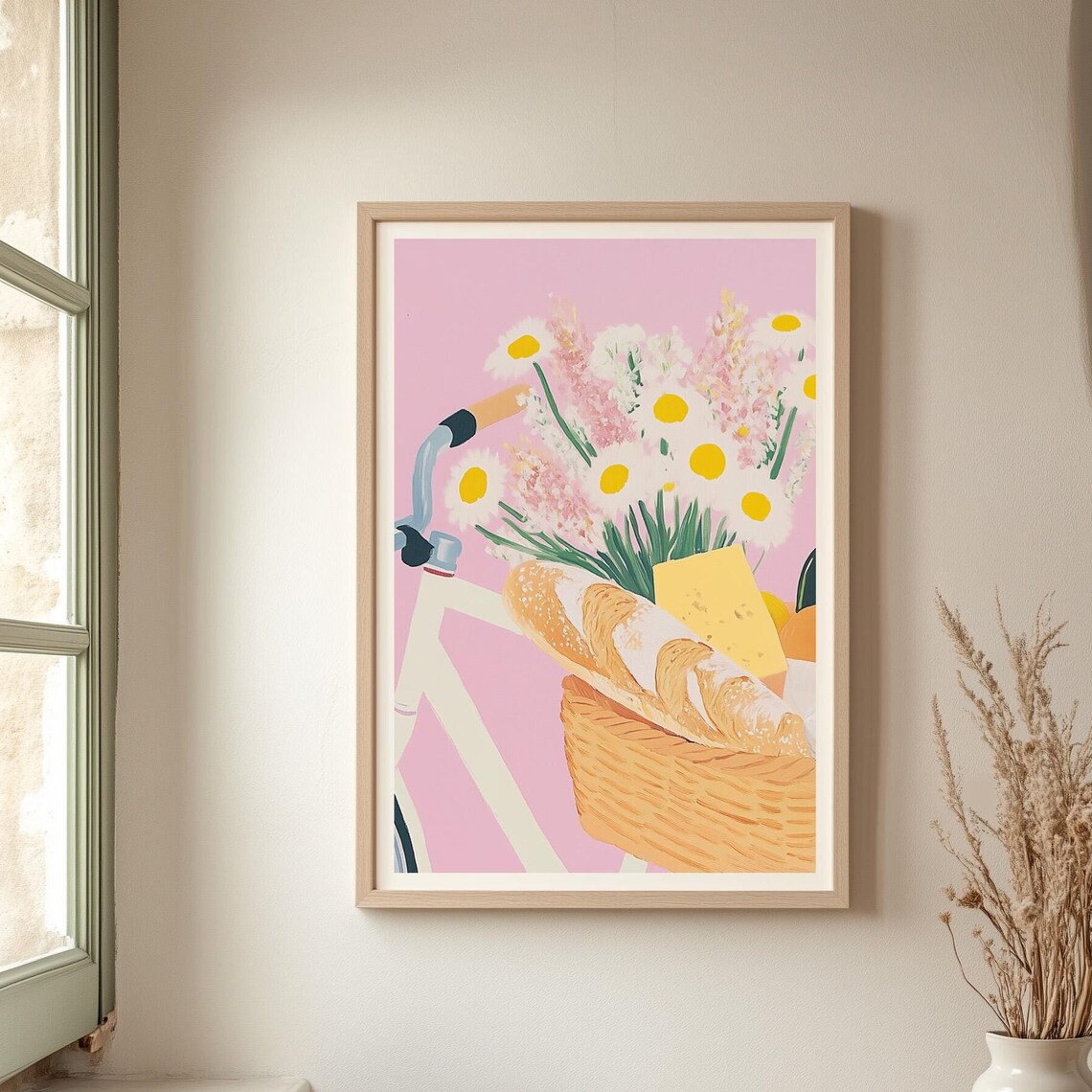 Pastel Pink Bicycle with Picnic Basket of Flowers and Bread Poster